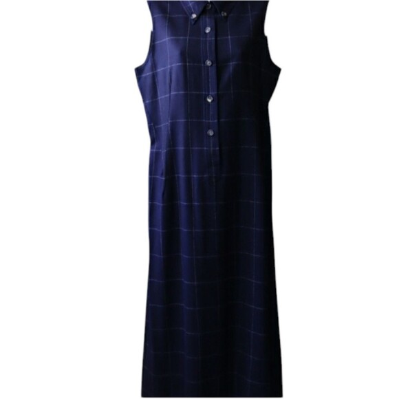 Mr & Mrs MacLeod Vintage Navy Blue Windowpane Plaid Maxi Dress Wool Cashmere - Picture 1 of 15